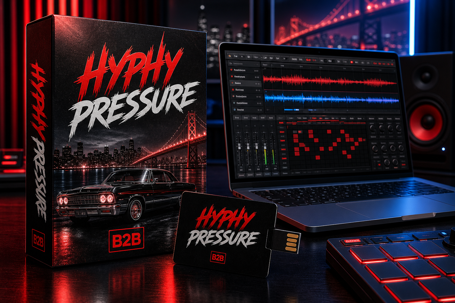 HyphyPressure Drum Kit product box with USB card, DAW and drum machine